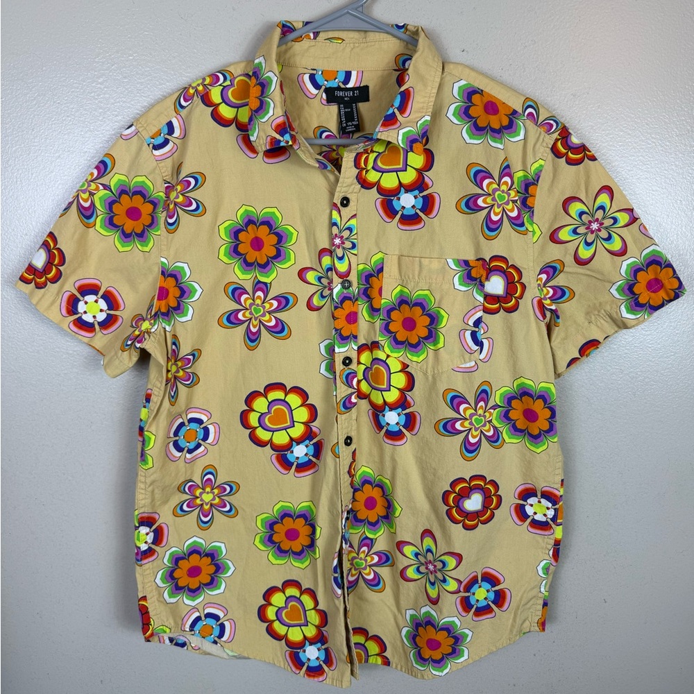 Forever‎ 21 Mens Button Up Shirt Retro Floral Medium Multicolor Summer Casual